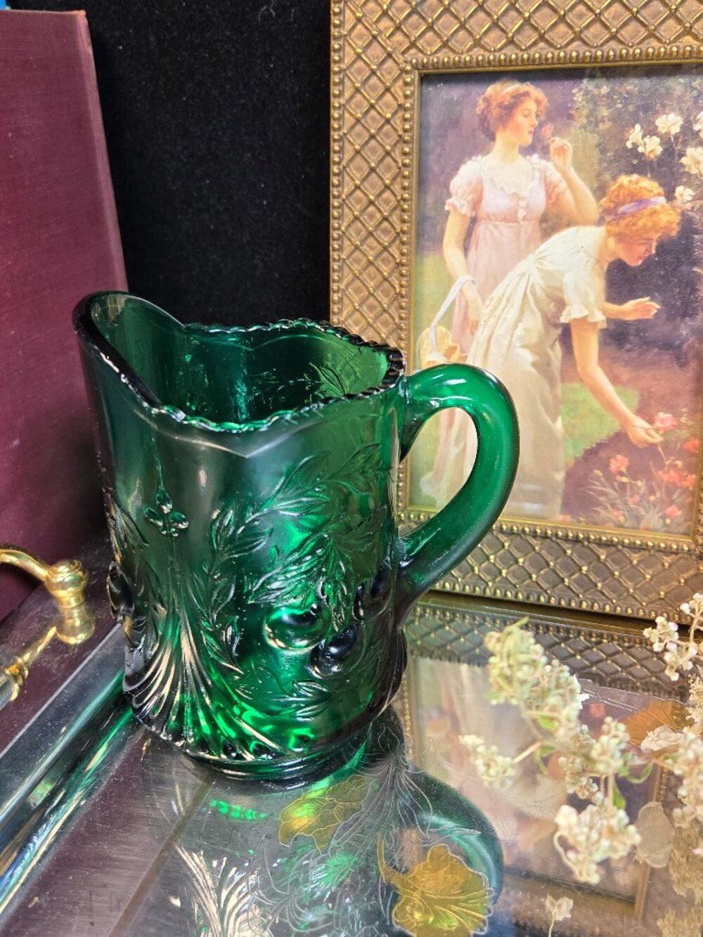 Vintage Mosser Cherry & Cable Emerald Green Glass Creamer